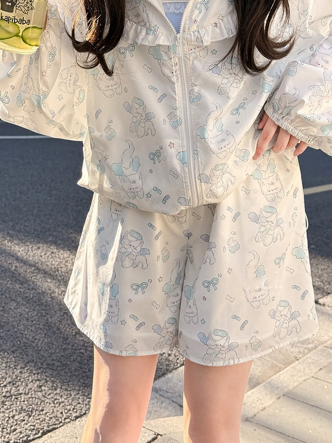 White Elastic Waist Shorts Allover Kitty Print