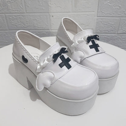 Jirai Kei White Yami Kawaii Cross Bowknot Platform Loafers