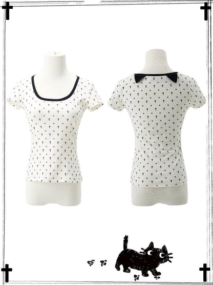 Detail Back Cat Paw Print Cat Ears and T-Shirt White at Allover Black Cross Pastel Gothic