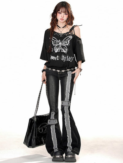 Stripes Raw Jeans Black Edge Flare with Distressed Waist High