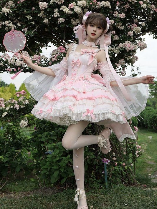 Dress Lolita Accents Chains Bead Pink Waist Flower and Corset Bow Qi