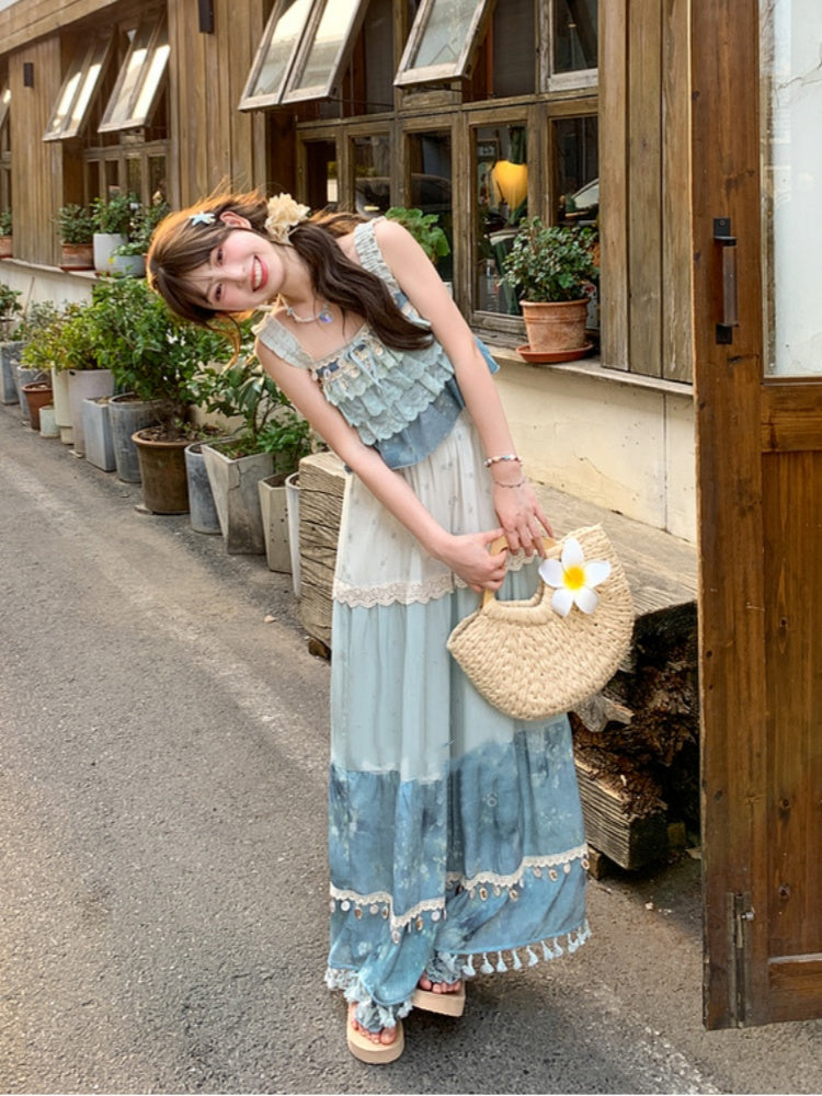Tassel Hem Shell Charm Wide-Leg Holiday Pants Blue Colorblock Design