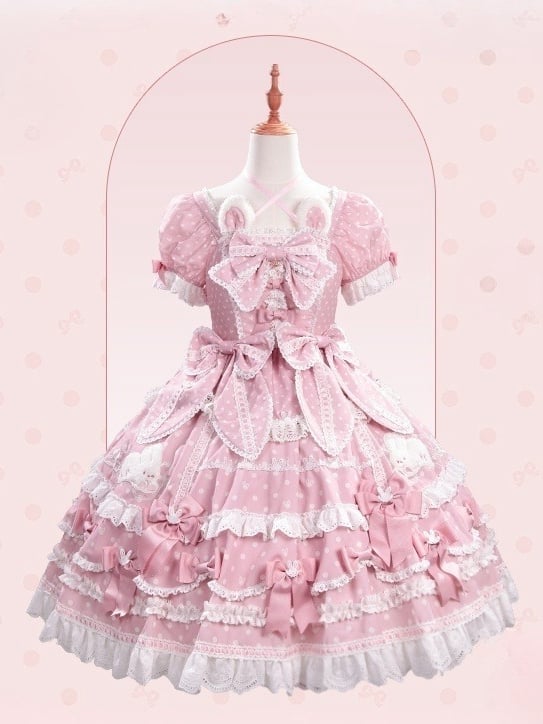 Bunny Pink Plush Ears Pattern Sweet Dots Neckline Version Gorgeous Dress Polka Light Lolita