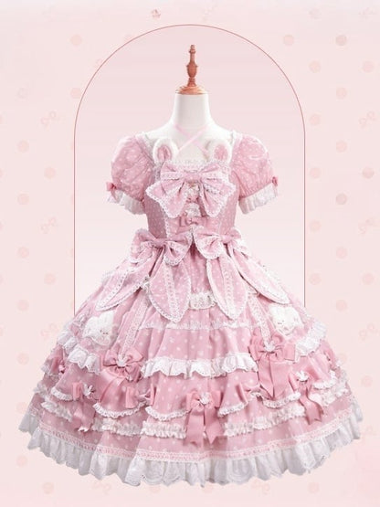 Bunny Pink Plush Ears Pattern Sweet Dots Neckline Version Gorgeous Dress Polka Light Lolita