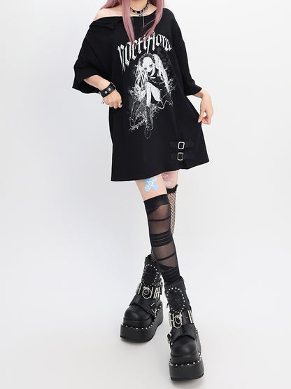Y2K Black Snap Details Neckline Anime Print Girl Loose T-shirt