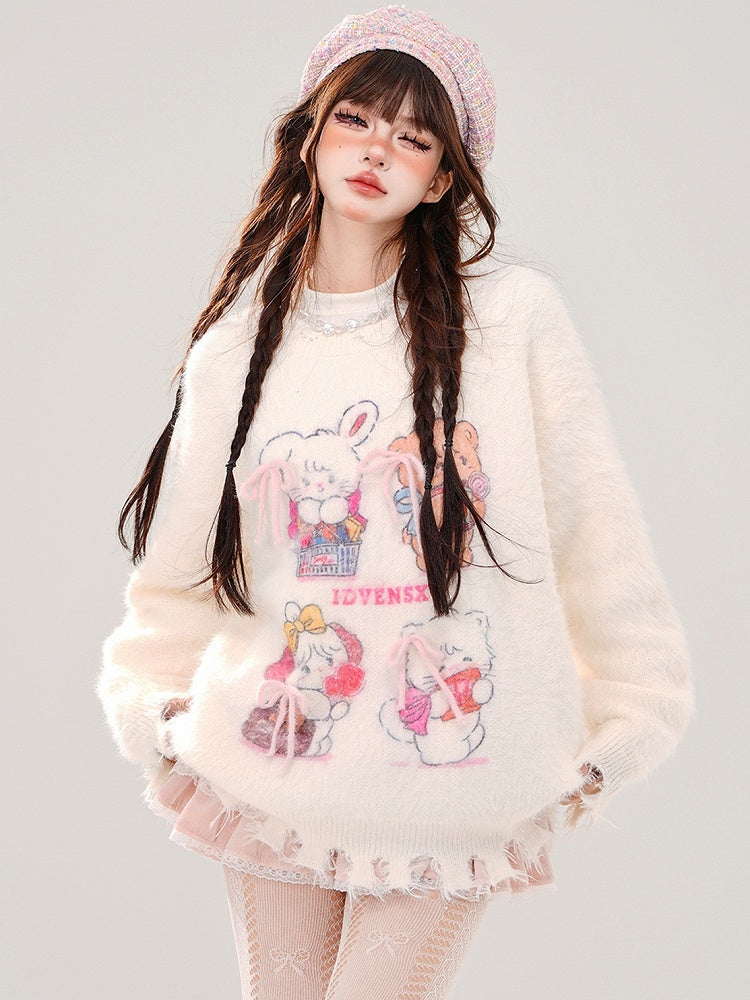 White/Pink Cute Kitty and Bear Distress Trim Mohair Soft Sweater