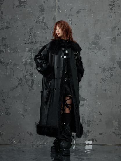 Buckles Metal Accents Fur Black Punk Coat Leather With Faux