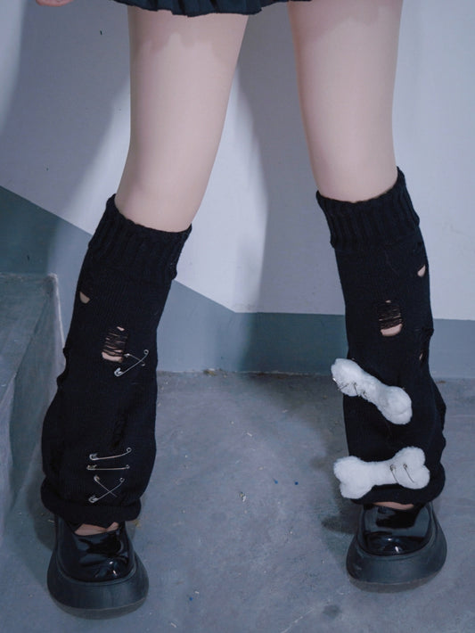 White Bones Distressed Holes Gothic Black Knit Leg Warmers