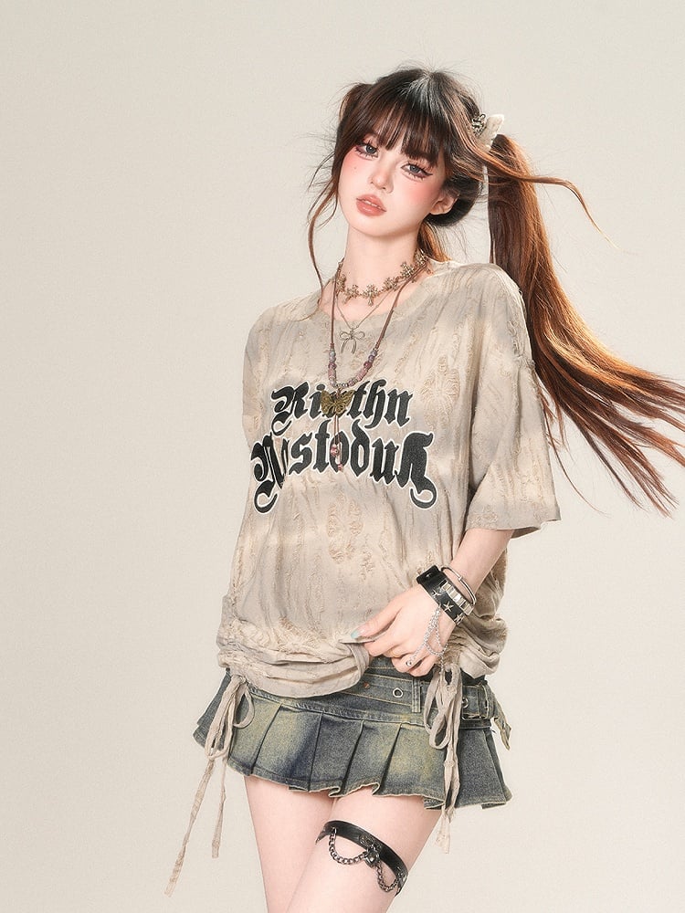 Loose Apricot Letter Print Drawstring Waist Distressed Holes T-Shirt
