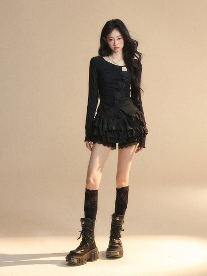 Round Glamorous Detail Black Knitted Neck Floral Embellished Cutout Top