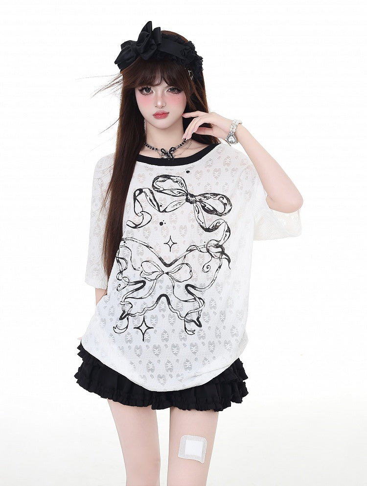 Back Bowknot Print Big Backless T-Shirt Bow White Semi-sheer