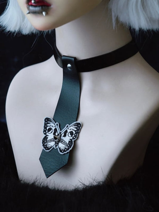 Applique Decorated Choker PU Tie Gothic Butterfly Studs Black