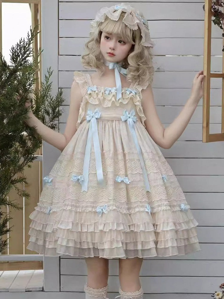 with Layered Dress Blue Accents Sweet Lolita Bow and Ruffles Sleeves Apricot Flutter