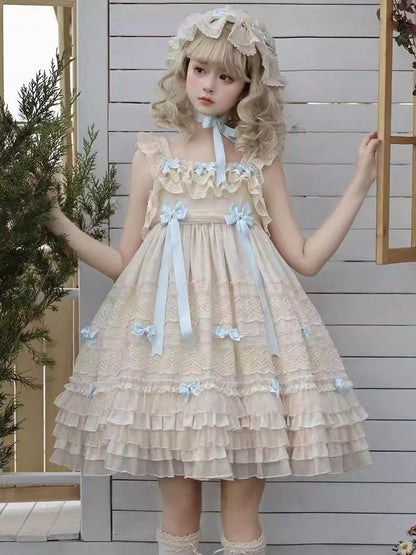with Layered Dress Blue Accents Sweet Lolita Bow and Ruffles Sleeves Apricot Flutter