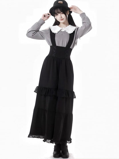 Black Lace Details Ruffle Trim Overall Pants
