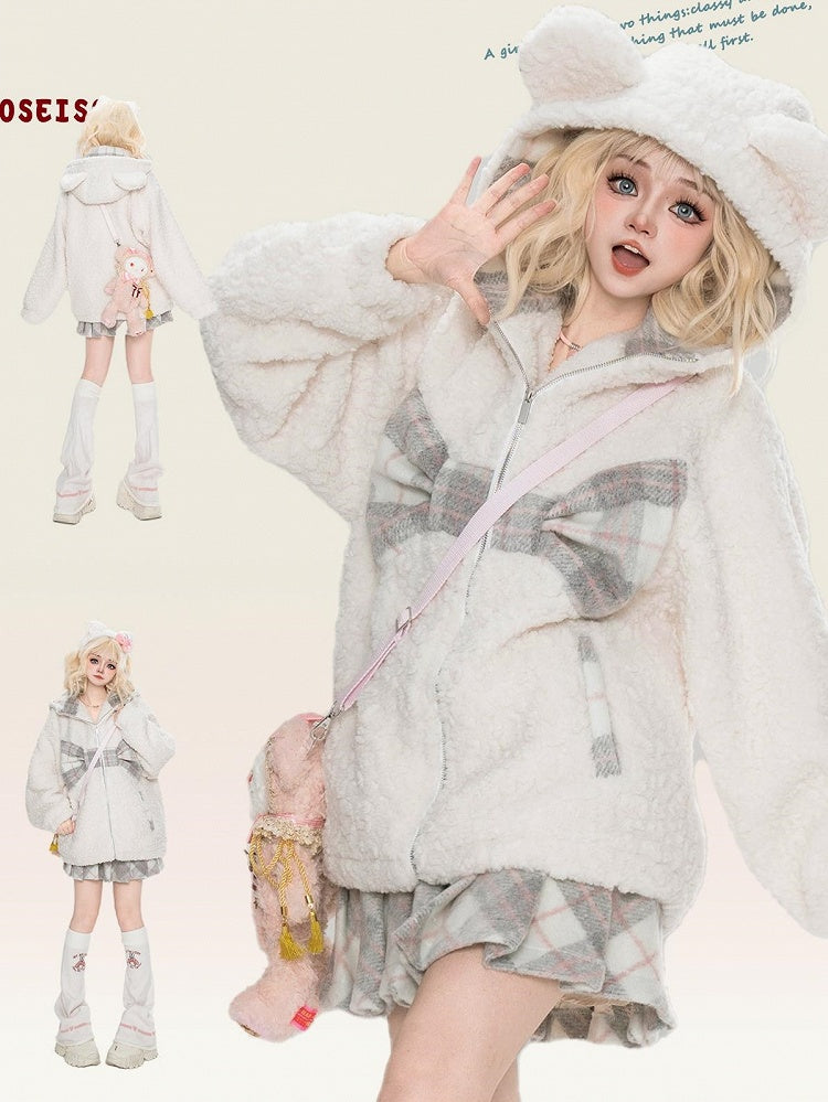Milk White Plaid Bowknot Details Bears Ears Fleece Zip Hoodie