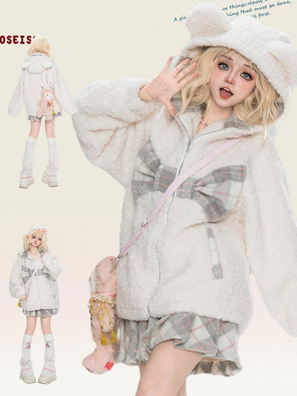 Milk White Plaid Bowknot Details Bears Ears Fleece Zip Hoodie