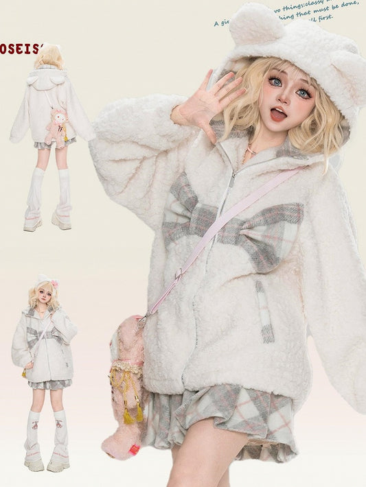 Milk White Plaid Bowknot Details Bears Ears Fleece Zip Hoodie
