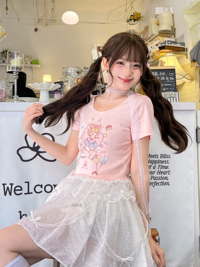 Rosa/weißes T-Shirt mit Spitzenbesatz und süßem Rundhalsausschnitt