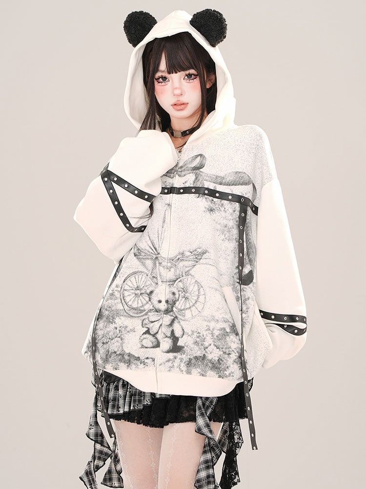 White Bear Ears Hood Strap Graphic Zip Hoodie