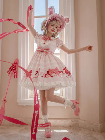 Short Bows Pink Piece One Sweet Dress and Sleeves Print Lolita Bunny