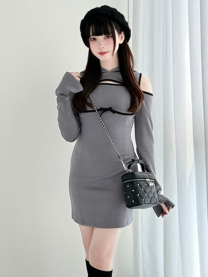 Jirai Hoodie Shoulder Gray Daywear Cutout Kei Above-Knee - Chest Dress
