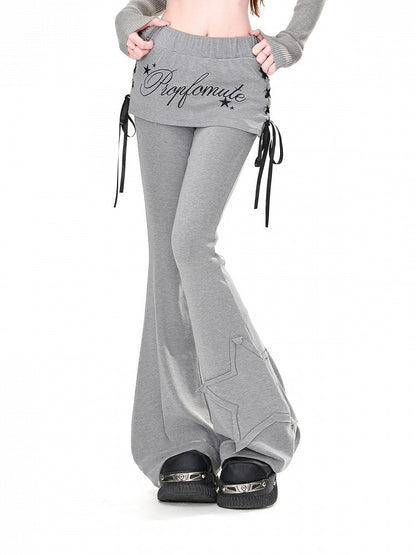 Grey Star Applique Glamorous Flared Pants with Lace-up Detail at Side