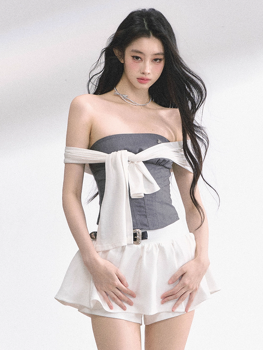 Slim-fitting Straps Top with White Strapless Gray Design Self-tie