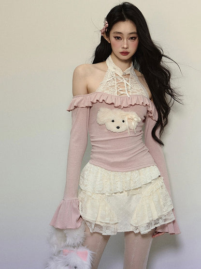 Pink Cute Puppy Adorned Lace Halter Neck Knit Top