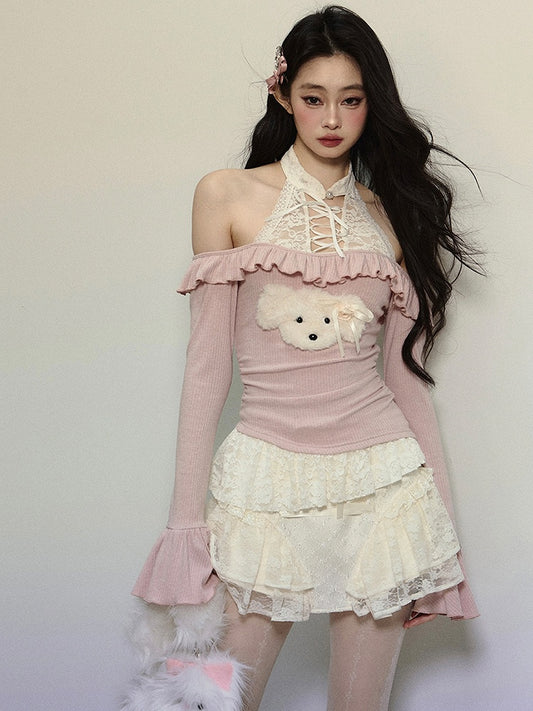 Pink Cute Puppy Adorned Lace Halter Neck Knit Top