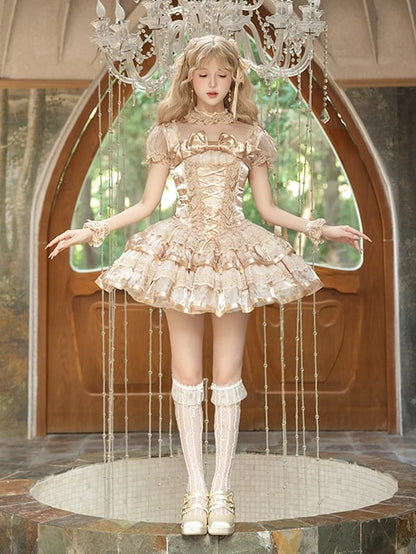 Sleeves Corset Lolita Kitty Short Dress Print and Bunny Puff Champagne