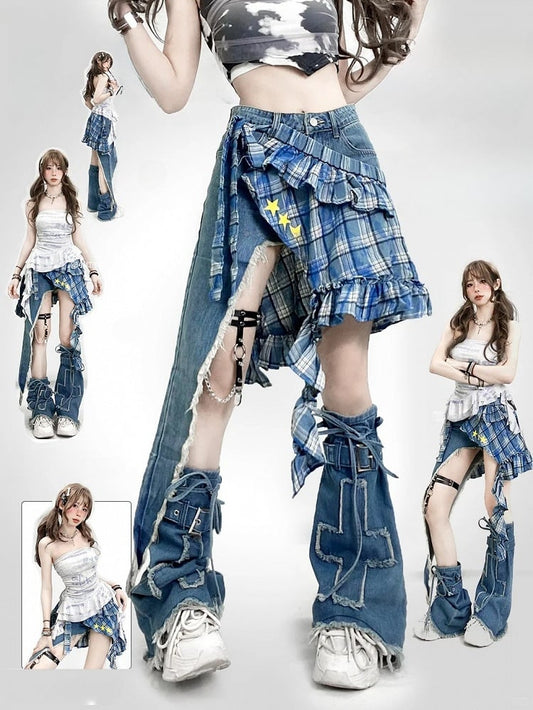 Warmers + Blue Print Hem Shorts Glamorous Pattern Bittersweet Asymmetrical Star Set- Plaid Applique Skirt Leg Cross