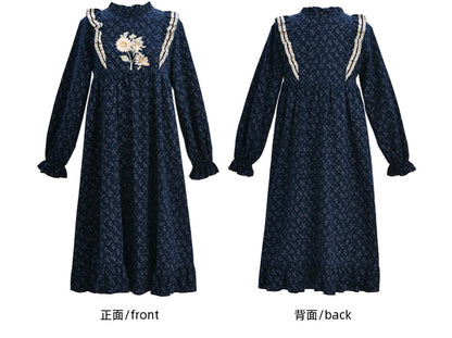Dark Blue Floral Ruffle Neckline Mori Kei Floral Dress