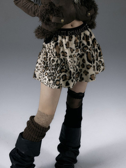 Leopard Plush Skirt with Rhinestone