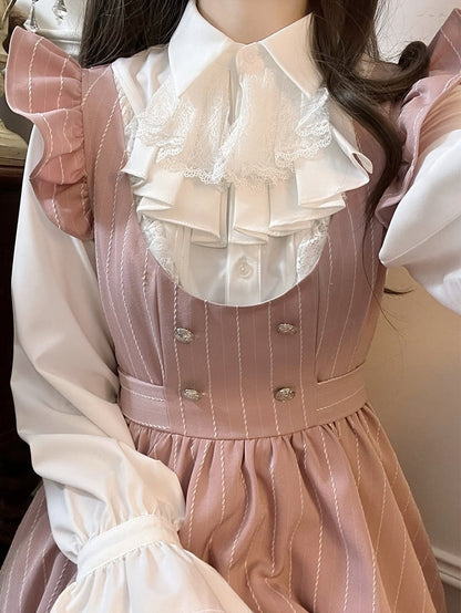 Pink Sweet Bowknot Lace Scoop Neckline Above Knee Striped Dress