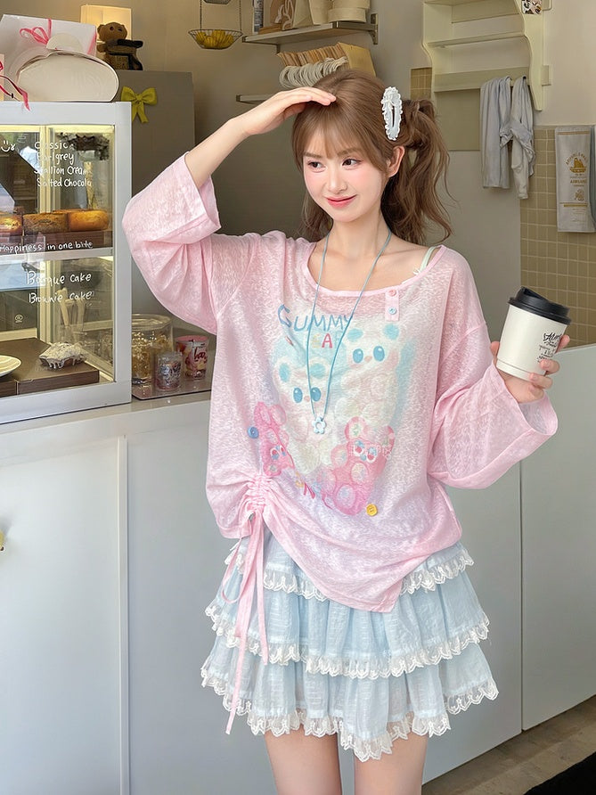 Blue/Pink Cute Semi-sheer Hem Cartoon Print Drawstring Top