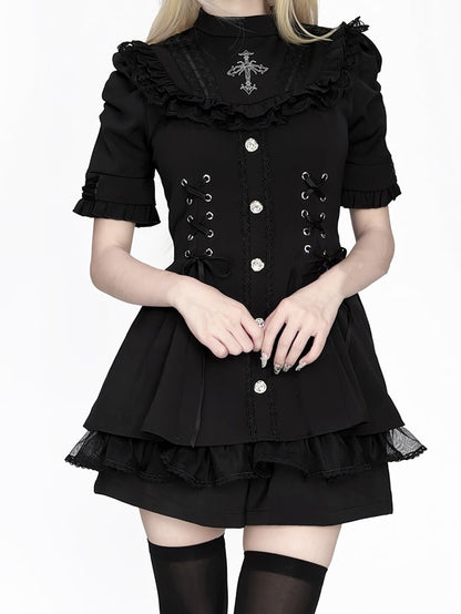 Kei Jirai All-Black Dress Tie Bow Sleeve Short Bib with Detachable Set