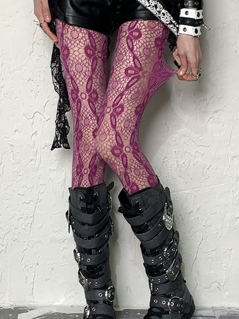 Hollow-out Red Tights Pattern Floral Y2K Rose