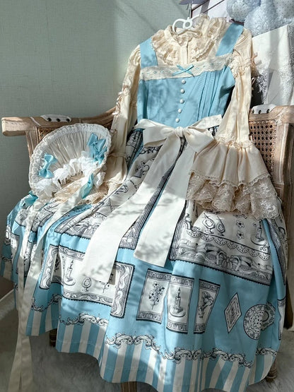 Dress Lolita Blue Print Square Neckline Elegant Classic with