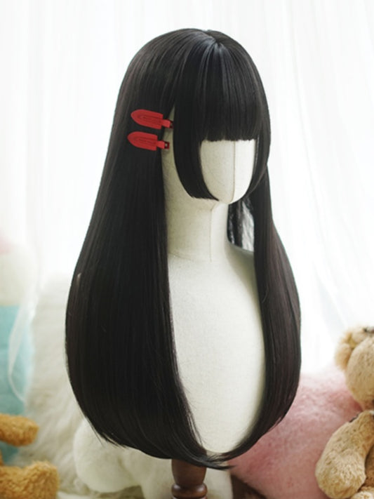 Black Hime Cut Long Straight Wig With Full Bangs