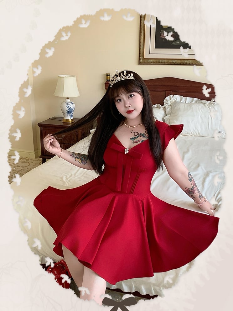Plus Size V-neck Dress Flutter Sleeves Big Bow Front Red