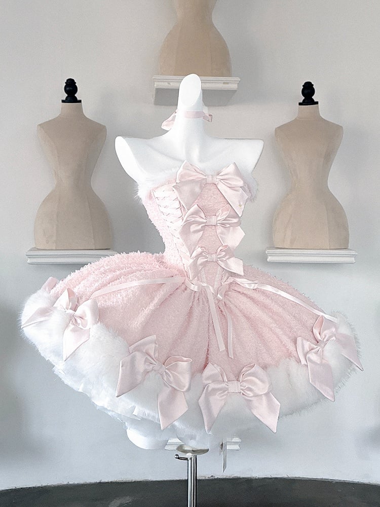 V-Day Pink Bows Plush Neckline and Hemline Boning Dress + Cape Full Set