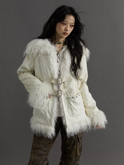 Silver Buckles and Studs Milk White Punk Loose Winter Coat