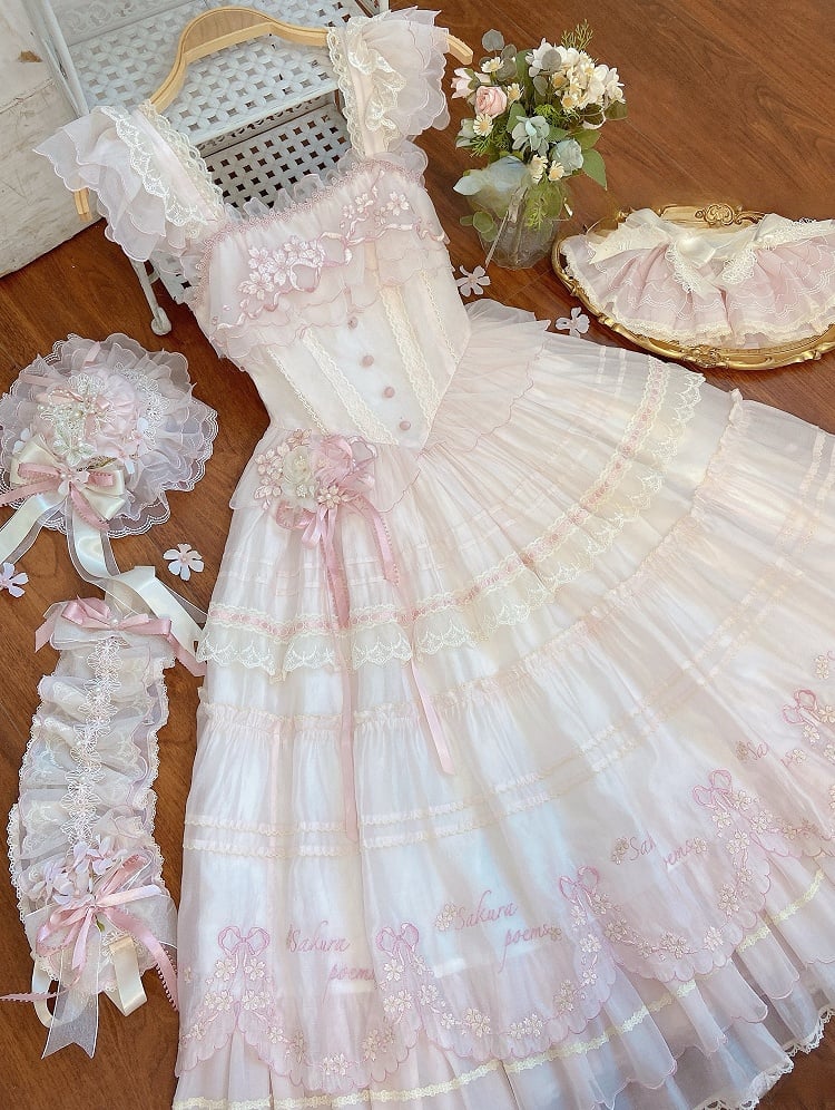 Waist Embrodery Basque Jumper Pink Princess Sakura Skirt Blossom Cherry Lolita