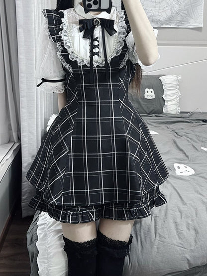 Jirai Kei Short Puff Sleeves Set Shorts White Top - Plaid/Gray Plaid Neckline Illusion Black and in