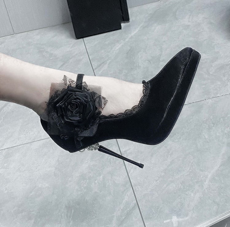 High Floral Gothic Black Pointed Heels Toe Satin Decorated