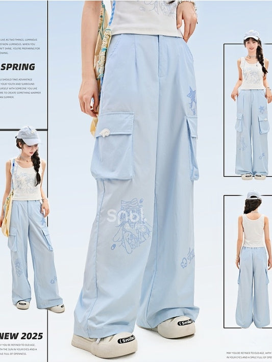 Loose Straight-Leg Pants Pockets Blue Anime Print Cargo