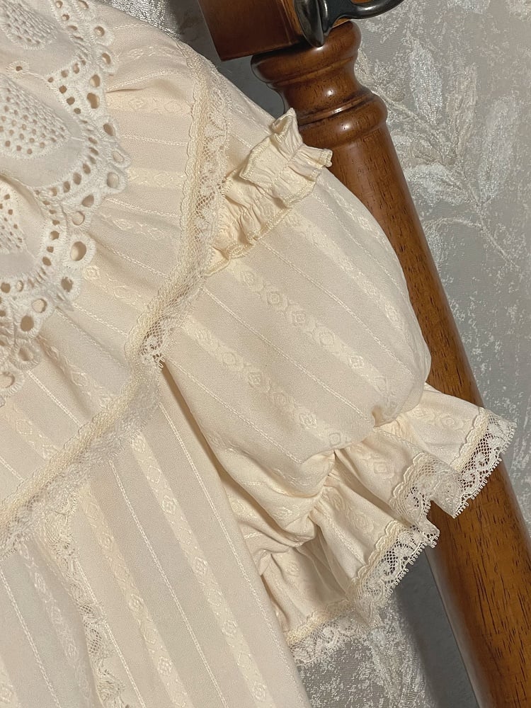 Beige Ruffle Neckline Short Puff Sleeves Blouse