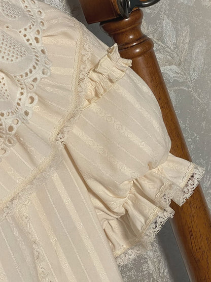 Beige Ruffle Neckline Short Puff Sleeves Blouse