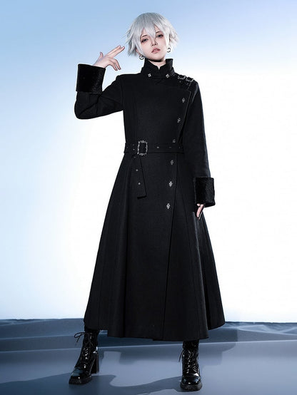 Black Ouji Lolita Stand Collar High Neck Woolen Coat